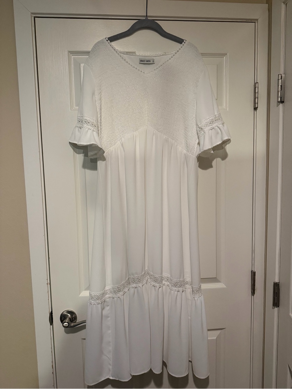 Grace Karin White Crochet Yoke Ruffle Sleeve Midi Dress